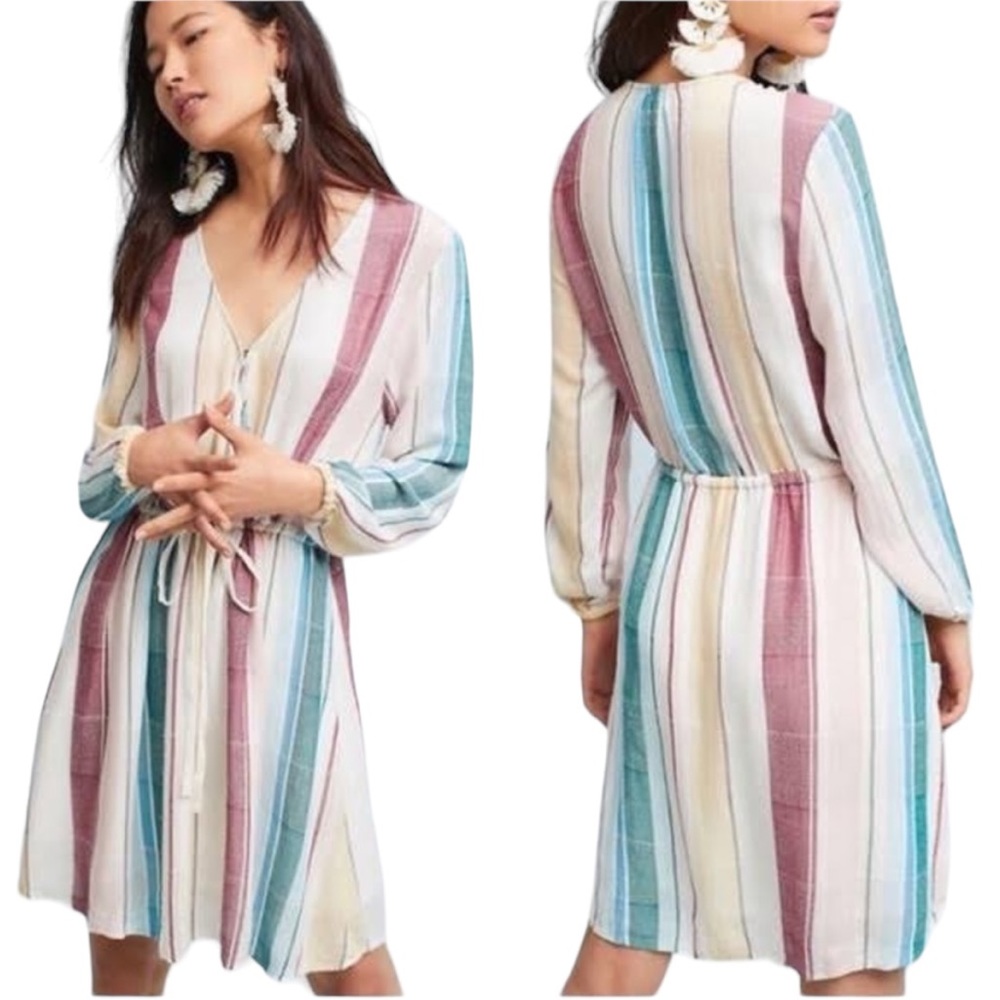 Rails x Anthropologie Becca Cusco Cream Stripe Drawstring Rayon Mini Dress - S